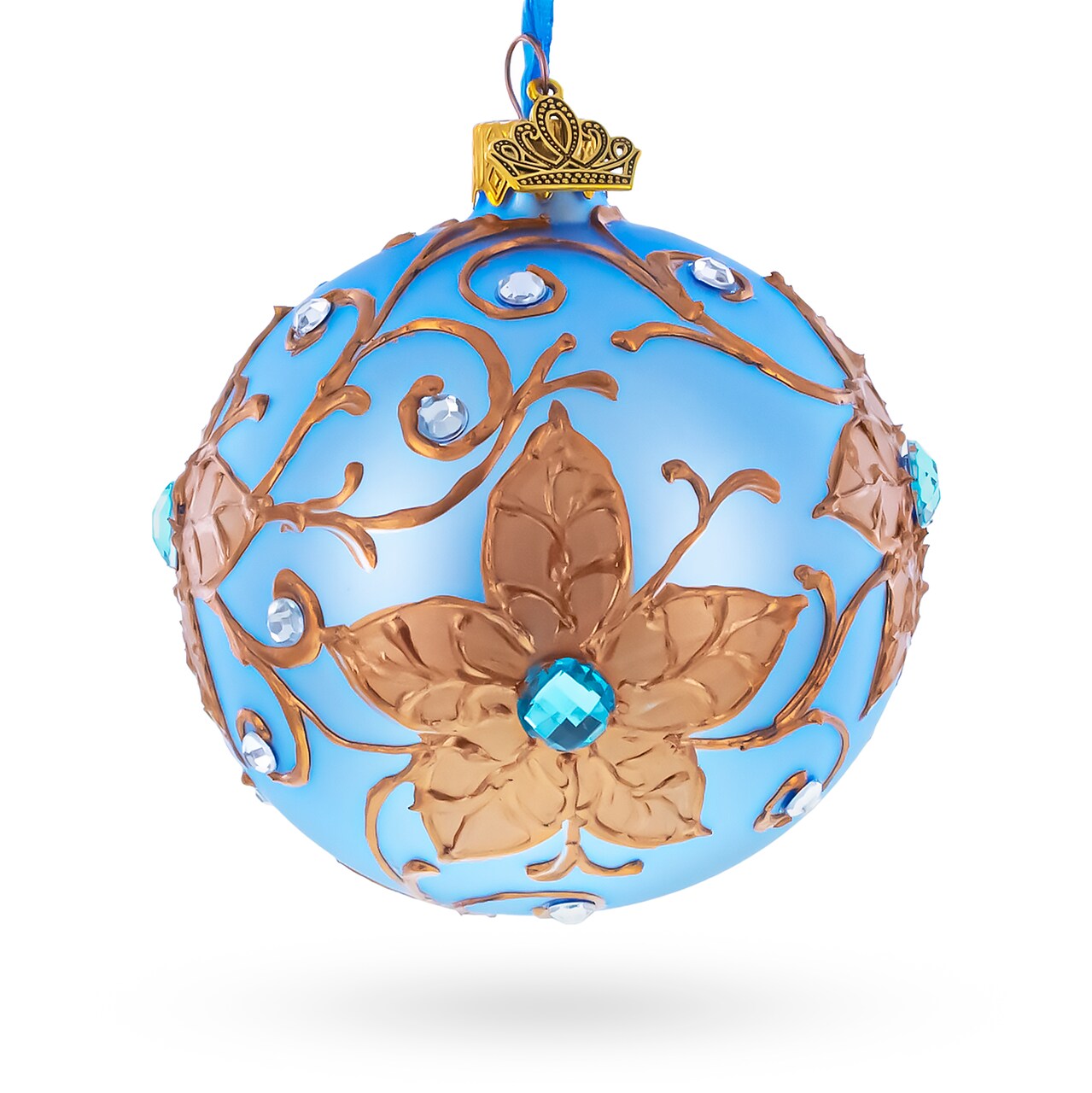 Raised Gold Floral Scrolls and Blue Crystal Accents on Matte Sky Blue Glass Ball Christmas Ornament 3.25 Inches